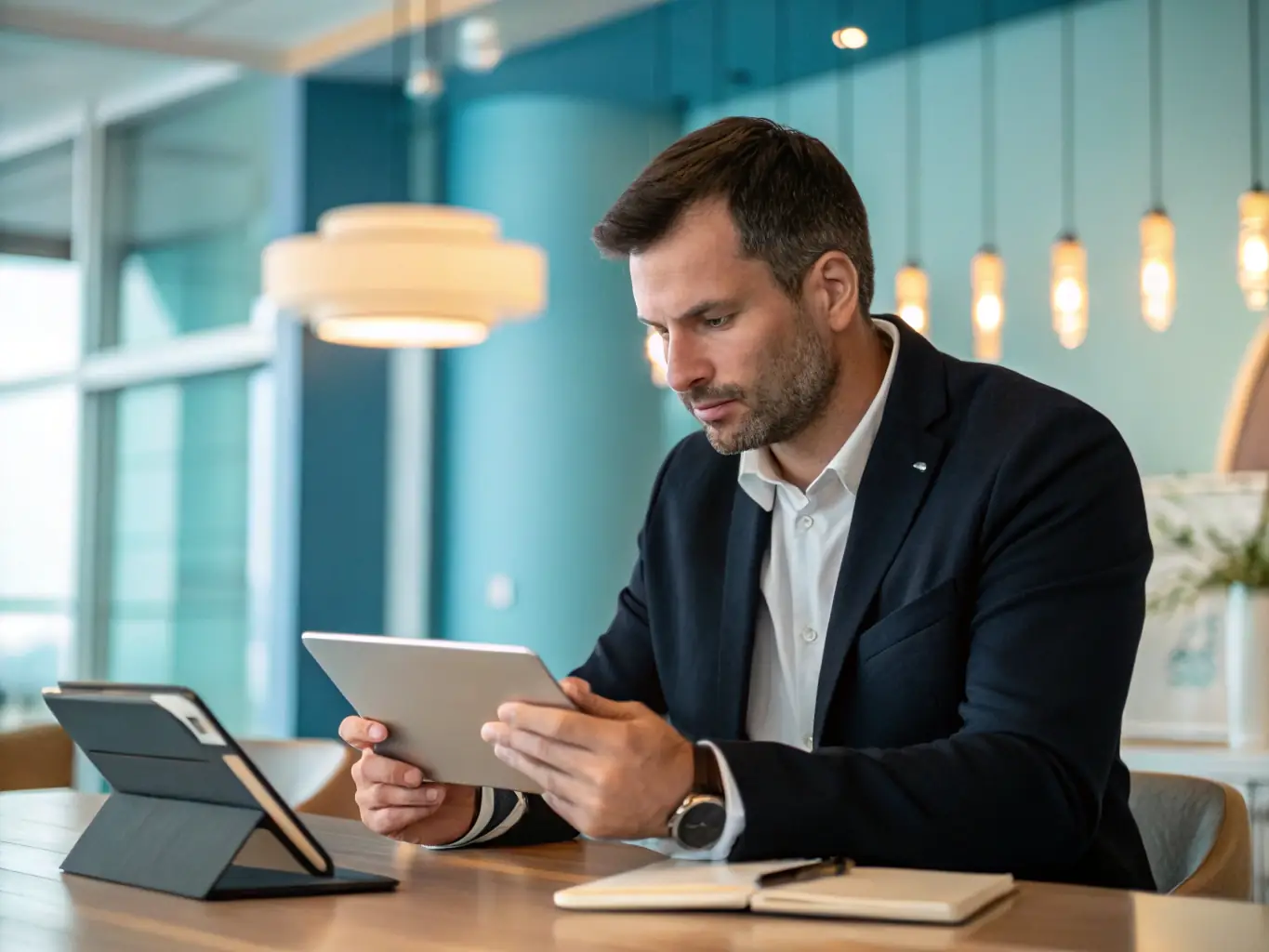 A professional person is analyzing Wamo's credit card options on a tablet, with charts and graphs illustrating interest rates and rewards programs in the background.